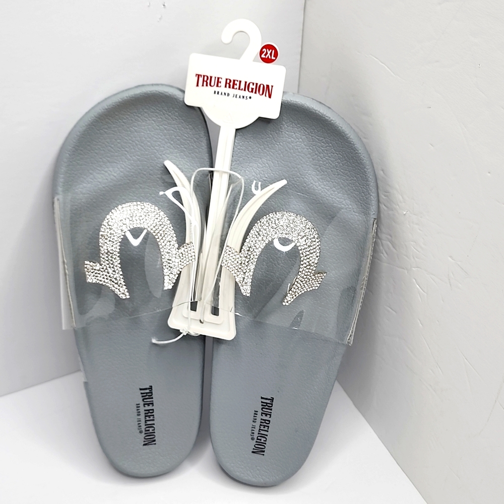 TRUE RELIGION WOMEN'S FLIP FLOP SANDALS, CLEAR TOP WITH CRYTAL LOGO